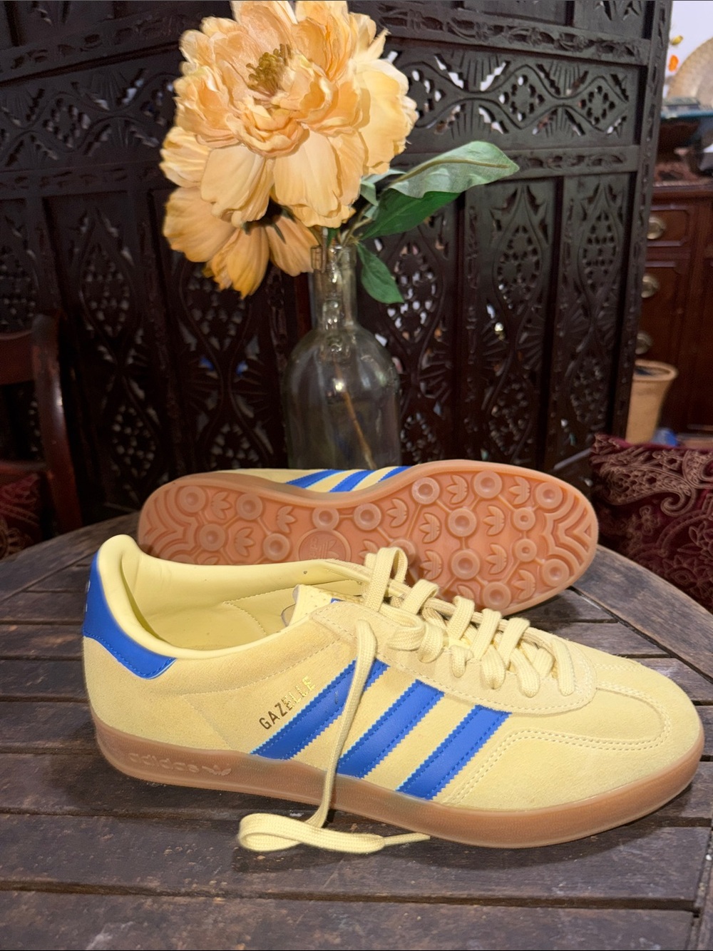 adidas Gazelle Sneakers in Pale Yellow with Blue Stripes